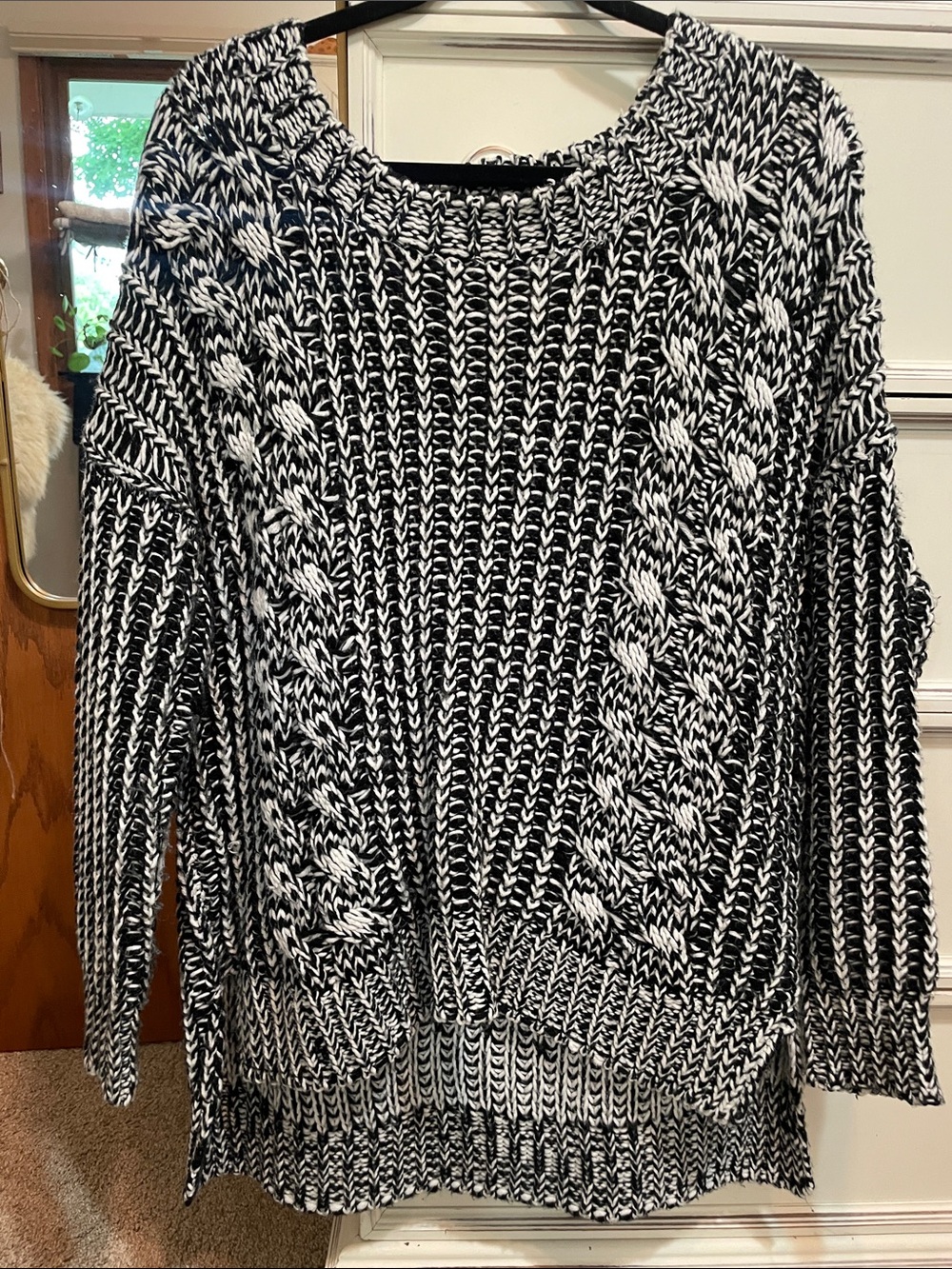 Chloe K Black & White Marled Cable Crewneck Sweater